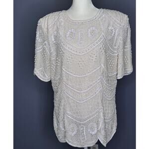 Stenay Women VTG Beaded Scallop Top Blouse Size 16 Silk Ivory White Pearl Floral